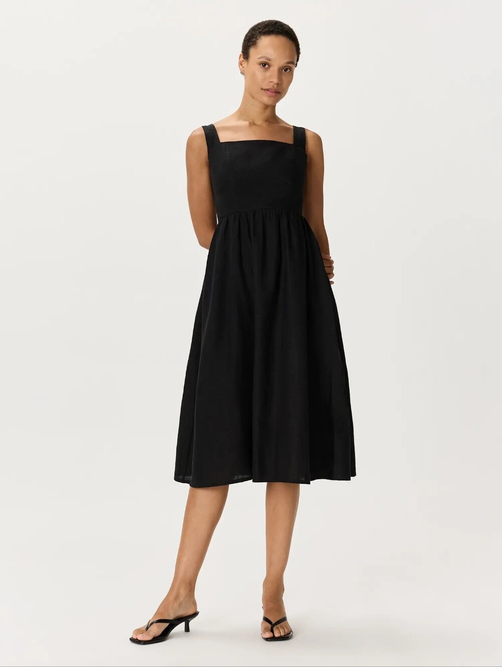 Quince European Linen Black Square-Neck Midi Dress Fit & Flare